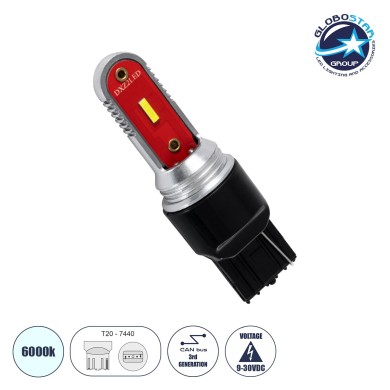 GloboStar® 81497 Λάμπα Αυτοκίνητου T20 - 7440 - W21W 3rd Generation Can-Bus Extreme Series LED 2 DUO DXZ 15W 1650lm 240° DC 9-30V IP20 Ψυχρό Λευκό 6000K